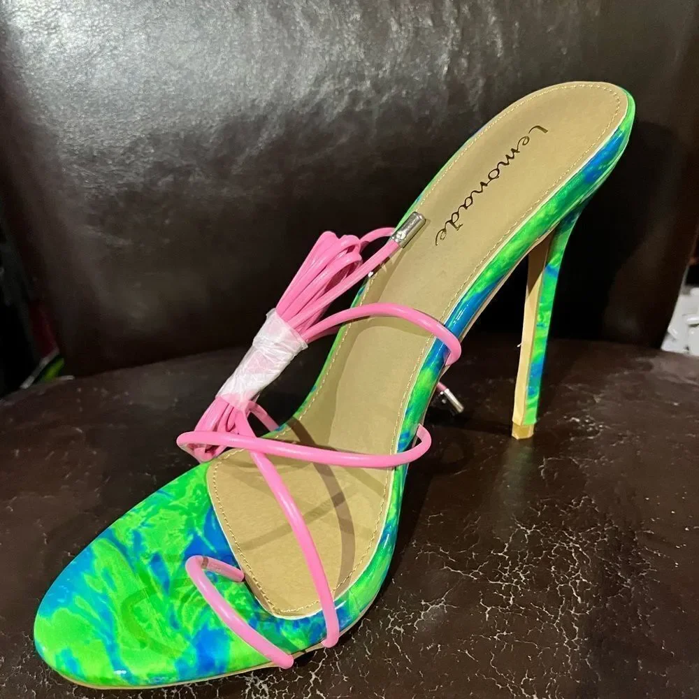 NEON PINK AND GREEN STRAPPY SANDAL - Picture 3 of 5